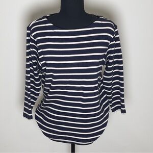 L.L. Bean Women's Quarter Length Sleeve Top - Dark Blue and White Stripes Large